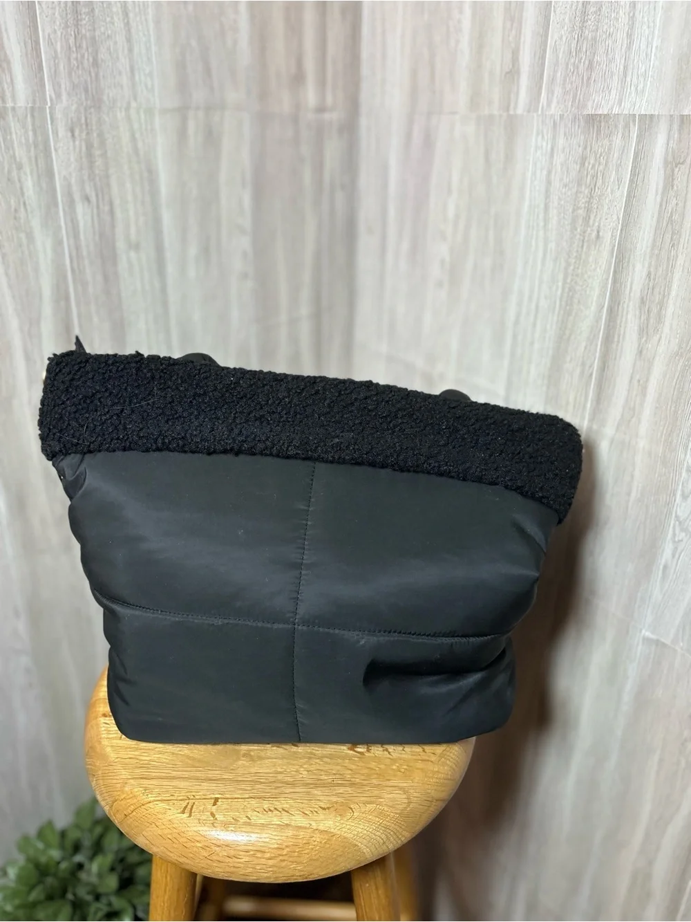 Bearpaw Black Quilted Puffer Tote Bag with Cozy Faux-Shearling Trim